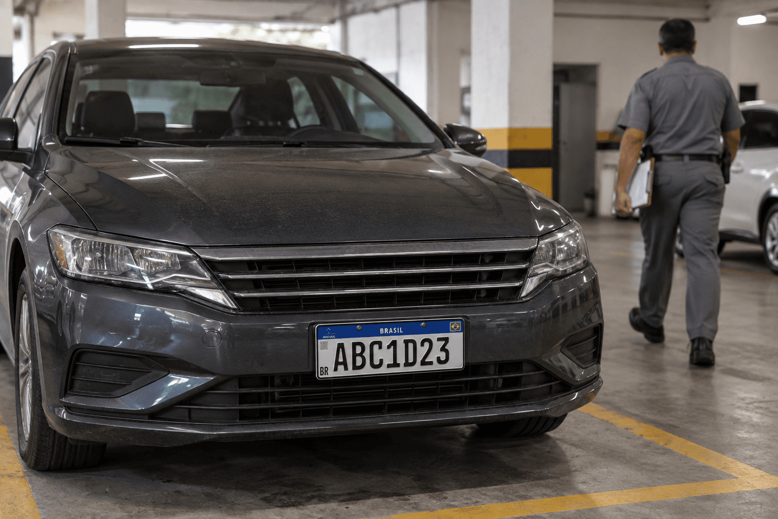 Sedã oficial estacionado em garagem pública, representando veículo de caracteres azuis