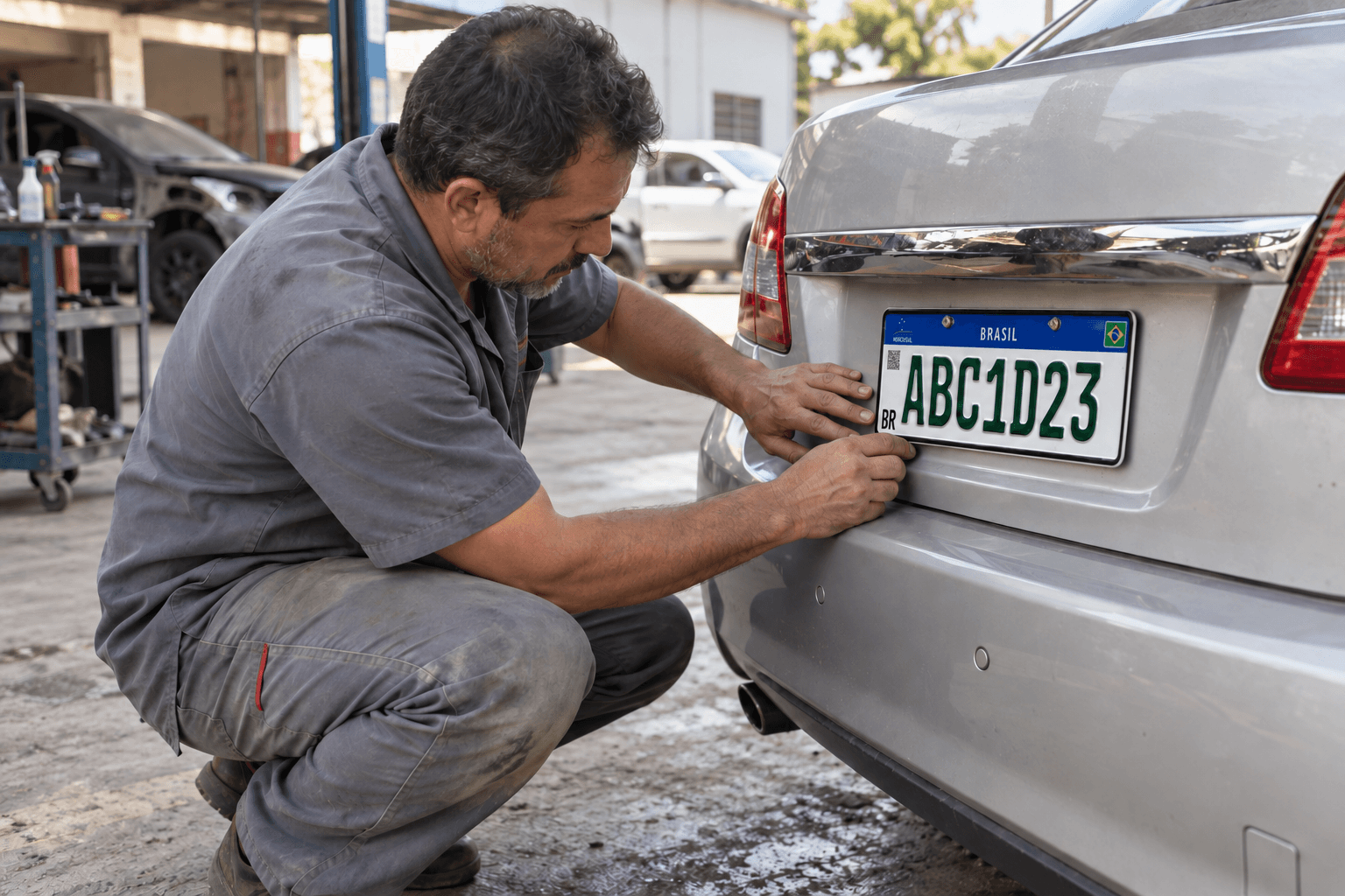 Mecânico confere um carro de uso especial em oficina