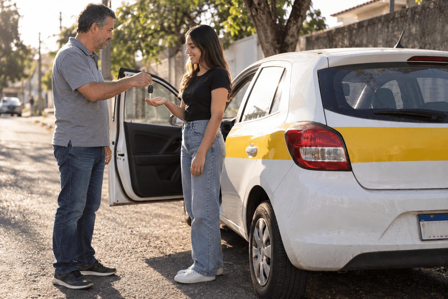 Instrutor entrega as chaves a um aluno ao lado de carro de autoescola com faixa amarela