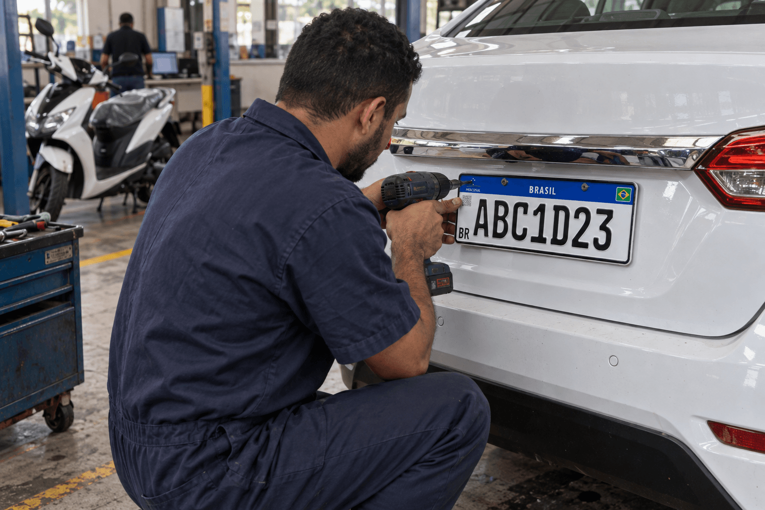 Técnico realiza o primeiro emplacamento de um carro em oficina credenciada