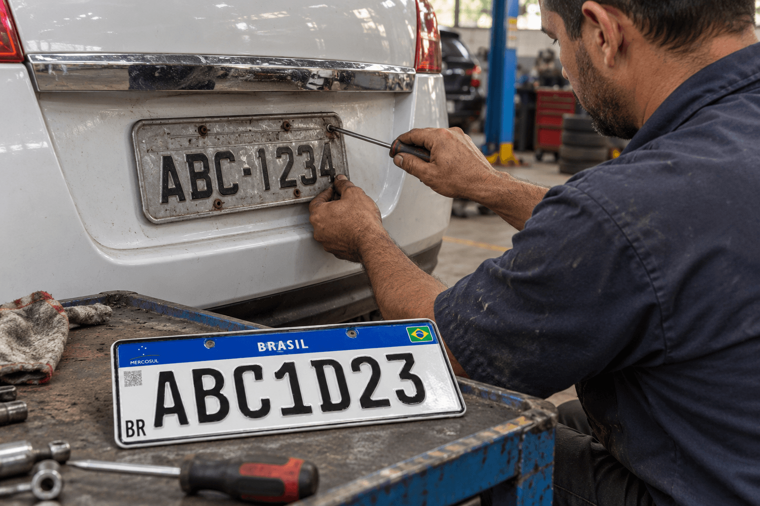 Técnico troca a placa traseira de um carro dentro de uma oficina de emplacamento